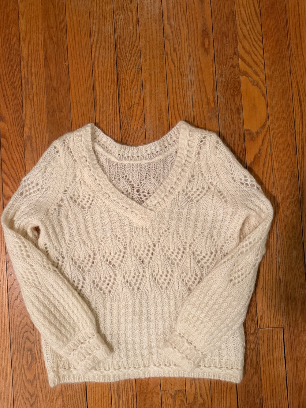 RARE**Sezane Cream Openwork Cable Knit, mohair, v-back Sweater - Picture 3 of 7